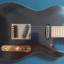 Černá elektrická kytara s lesklým povrchem a zlatými komponenty. Na snímači je nápis Seymour Duncan. Nástroj má jeden humbukový a jeden jednosnívací…