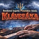 Grafický inzerát s textem „Rocková kapela Poseidon hledá KLÁVESÁKA“ a symbolem trozubce. V dolní části jsou zobrazeny dvě ruce hrající na elektronick…