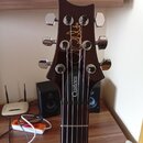 Fotografie zachycuje hlavu elektrické kytary v tmavě hnědé barvě s chromovanými ladičkami. Na povrchu je zlatý nápis Paul Reed Smith a v dolní části…