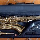 Zlatý saxofon v černém polstrovaném pouzdře. Nástroj je vybaven bílými placičkami na klapech a kovovými mechanismy. Na těle nástroje nejsou viditelná…