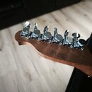 Fotografie zachycuje hlavu kytary z tmavého dřeva s šesti chromovanými ladicími mechanismy. Na knoflících ladíček je vyryto logo ve tvaru stylizované…