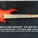 Fotografie zachycuje screenshot z obrazovky s obrázkem elektrické basy v červeném sunburst provedení s výraznou strukturou dřeva. Na krku je vidět sv…