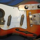 Elektrická kytara s polodupatým korpusem v červeno-černém sunburst provedení a bílým pickguardem. Na snímači je viditelný nápis ALNICO. Nástroj vykaz…