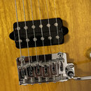 Detail elektrické kytary s žlutým lakovaným povrchem s viditnou strukturou dřeva. Na fotce je černý humbucker snímač a chromovaný tremolo systém s ná…