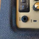 Detail ovládacího panelu zesilovače v béžové barvě s černým texturovaným potahem. Jsou vidět nápisy INPUT, USB a GAIN, tlačítka PRE FX a TUNER a jede…