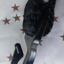 Detailní pohled na konec černého popruhu z tkaniny s plastovým háčkem. Povrch plastu vykazuje mírné známky opotřebení a oděrů. Na fotce nejsou žádné…