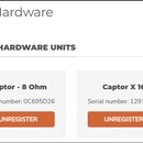 Snímek zachycuje screenshot uživatelského rozhraní s názvem My Hardware v sekci MY HARDWARE UNITS. Jsou zde zobrazeny dvě zařízení: Captor - 8 Ohm se…