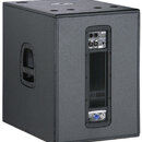 Černý, kostkový aktivní subwoofer s texturovaným povrchem. Na zadním panelu je vidět ovládací sekce s konektory, chladicí žebrování a logo „dB“. V do…