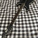 Černá elektrická kytara s bílým lemováním korpusu a hmatníku. Na hlavě nástroje je bílé logo LTD. Kytara má dva humbuckery, jeden potenciometr a jede…