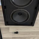 Černý reproduktorový box s dvěma kruhovými membránami umístěnými nad sebou. Povrch skříně vykazuje známky opotřebení a znečištění v podobě světlých s…