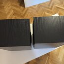 Dva černé, kostkovité reproduktory s povrchem imitujícím strukturu dřeva. Jsou umístěny vedle sebe na bílém podkladu. Na viditelných stranách nejsou…