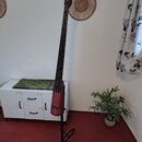 Na fotografii je elektrická kontrabasová kytara s červeným lakovaným tělem a černým hmatníkem. Nástroj stojí na černém kovovém stojanu v interiéru. N…