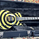 Elektrická kytara s jednovýřezem v tvrdém kufru. Tělo má výrazný žlutý a černý kruhový vzor, zlatý hardware a dva humbuckery. Na hlavě hmatníku je vi…