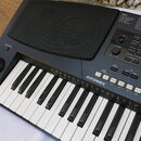 Černý elektronický klavír s bílými a černými klávesami. Na panelu je viditelný nápis KP300X a tabulky s názvy SONGS a STYLES. Nástroj vykazuje mírné…