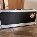 Kytarový reproduktor v hliníkovém flightcase s kovovými rohy a madlem. Přední strana je kryta černou včelíkovou síťovkou, na které je umístěno zlaté…