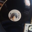 Detailní záběr na černý povrch elektrokitary s bílým kruhovým ovládacím prvkem. Na bílém podkladu je umístěn přepínač s krémovou knoflíkovou koncovko…