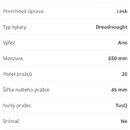 Snímek obsahuje screenshot z webové stránky kytary.cz se specifikacemi akustické kytary. V textu jsou uvedeny parametry jako barva Natural, typ Dread…