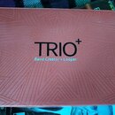 Fotografie znázorňuje červenohnědé obalové krabičky s geometrickým vzorem tenkých linií. Uprostřed je černý nápis TRIO+ a pod ním modrý text Band Cre…
