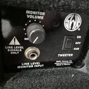 Detail zadního panelu černého zařízení s logem SWR. Panel obsahuje ovratový knoflík s nápisem MONITOR VOLUME a označením MIN, vstup LINE LEVEL MONITO…