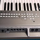 Stříbrný digitální klavír s černými a bílými klávesami. Na levé straně korpusu je nápis MM6 MUSIC SYNTHESIZER. Zadní panel obsahuje konektory s popis…
