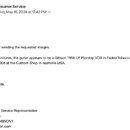 Snímek zachycuje text e-mailu od odesílatele EMEA Consumer Service adresovaného osobě jménem Erkin. V textu je uvedeno, že kytara na fotografiích vyp…