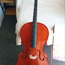 Na fotografii je červeně lakované cello s černým hmatníkem a černým kolčkem. Vedle nástroje leží smyčec s dřevěnou hůlkou a bílým vlasem. Na viditeln…