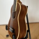 Hnědý akustický nástroj typu ukulele s dřevěným povrchem a světlým lemováním. Nástroj je umístěn v černém stojanu. Na viditelné části nejsou žádné zn…