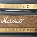 Dva kytarové zesilovače značky Marshall v černých krytech. Na předním panelu obou přístrojů je zlatý pruh s nápisem JCM 800 LEAD SERIES a řadou ovlád…