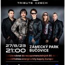 Propagační plakát kapely Europe Tribute Czech. Na fotografii je zobrazeno pět mužů v kožených bundách a slunečních brýlích. Text na plakátu uvádí dat…