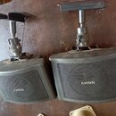 Dva černé plastové reproduktory s kovovými mřížkami, umístěné na nastavitelných stojanů. Na mřížce obou reproduktorů je zrcadlově otočený nápis SONY.…