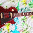 Elektrická kytara s červeným plamenovitým povrchem korpusu a hnědým hmatníkem s trapezoidními vložkami. Nástroj má dva humbuckery, dva tóny a jeden h…