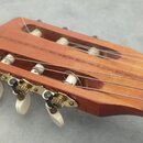 Detail hlavy akustické kytary z dřeva v hnědém odstínu. Na hlavě jsou instalovány tři ladicí mechanismy s bílými plastovými knoflíky. Nástroj je osaz…