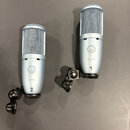 Dva stříbřité kondenzátorové mikrofony s mřížkou v horní části a černým držákem u základny. Na obou je viditelné logo AKG a nápis PERCEPTION 120. Mik…