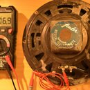 Fotografie zobrazuje černý reproduktor s namontovaným magnetem, na kterém je kulatá nálepka s nápisy „Fender“, „MUSICAL INSTRUMENTS“ a „SPECIAL DESIG…