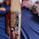 Detailní pohled na hranu zlatavého, třpytivého nástroje s kovovými součástmi. Na stříbrném kovovém prvku jsou vidět dva šrouby a dvě kulaté otvory, m…