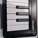 Detailní pohled na klávesnici s bílými a černými klávesami v černém plastovém rámu. Na pravé straně rámu je svisle napsán bílý nápis microKEY. Povrch…