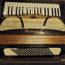 Černý akordeon v otevřeném kufru. Na přední straně je zlatá mřížka a nápis „Hohner“. V dolní části je bílý panel s knoflíky a nápis „LUCIA III“. Nást…