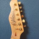 Fotografie zachycuje hlavu elektrické kytary z přírodního světlého dřeva se zlatými ladicími kolíky. Na povrchu je černý nápis CHAPMAN GUITARS a vedl…