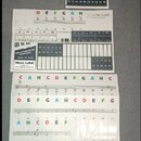 Sada bílých samolepek s hudebními notami a označeními kláves pro klavír. Na štítcích jsou viditelné nápisy MUSIC LABEL, Nuty na instrumenty klawiszow…