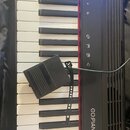 Černý digitální klavír s bílými a černými klávesami. Na pravém boku je svisle napsán model GO:PIANO a nad ním jsou umístěna ovládací tlačítka se symb…