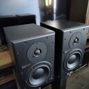 Dva černé stojkové reproduktory s matným povrchem. Na levém reproduktoru je viditelný červenobílý nápis dynaudio akustik. Oba reproduktory mají v hor…