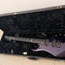 Fialová elektrická kytara v černém tvrdém kufru s polstrováním. Na hmatníku je viditelný nápis "Sterling". Tělo kytary má dva humbuckery a ladicí kol…