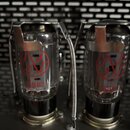 Dvě elektronické vacuumové lampy umístěné v kovovém šasi s perforovaným pozadím. Na sklech lamp jsou červeným tiskem loga ve tvaru stylizedovaného pí…