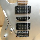 Stříbrná elektrická kytara s třemi černými snímači (dva humbuckery a jeden single-coil). Nástroj má chromovaný most s tremolem a bílou pákou. Na těle…