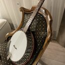 Na fotografii je banjo s bílou membránou a hnědým dřevěným krčkem. Nástroj má kovový lem s ozdobnými prvky a červený boční rám. Na krčku nejsou vidit…