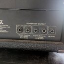 Zadní panel černého kytarového komba s nápisy ENGL, 100 W All-Tube Guitar Amp Head, Ritchie Blackmore Signature 100, TYPE E650, designed by Horst Lan…