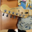 Fotografie zachycuje hlavu elektrokitary z jasného dřeva. Na dřevě jsou nápisy Fender, STRATOCASTER a MADE IN MEXICO oraz SERIAL MZ7093390. Nástroj m…