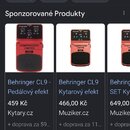 Snímek zachycuje screenshot z vyhledávače Google s výsledky pro „behringer cl9“. Jsou zde vidět tři produktové fotografie efekt pedálů v červené barv…