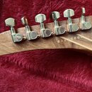 Záběr na zadní stranu dřevěné hlavy kytary s šesti chromovanými ladičkami. Na každém z ladiček je vyryté logo GIBSON. Na dřevě hlavy je vyrazeno séri…