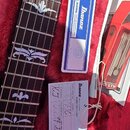 Hrabednice kytary s tmavým hmatníkem a bílými ornamentálními vložkami. Vedle nástroje je modrý visačka s nápisem Ibanez a textem WARNING: Clear and r…